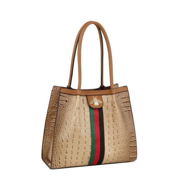 Fashion Croco Bee Stripe detailed Top Satchel Bag - GlamLusH Boutique 