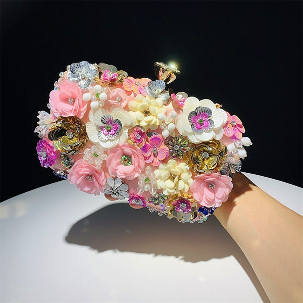 Women Beaded Flower Clutch Bag