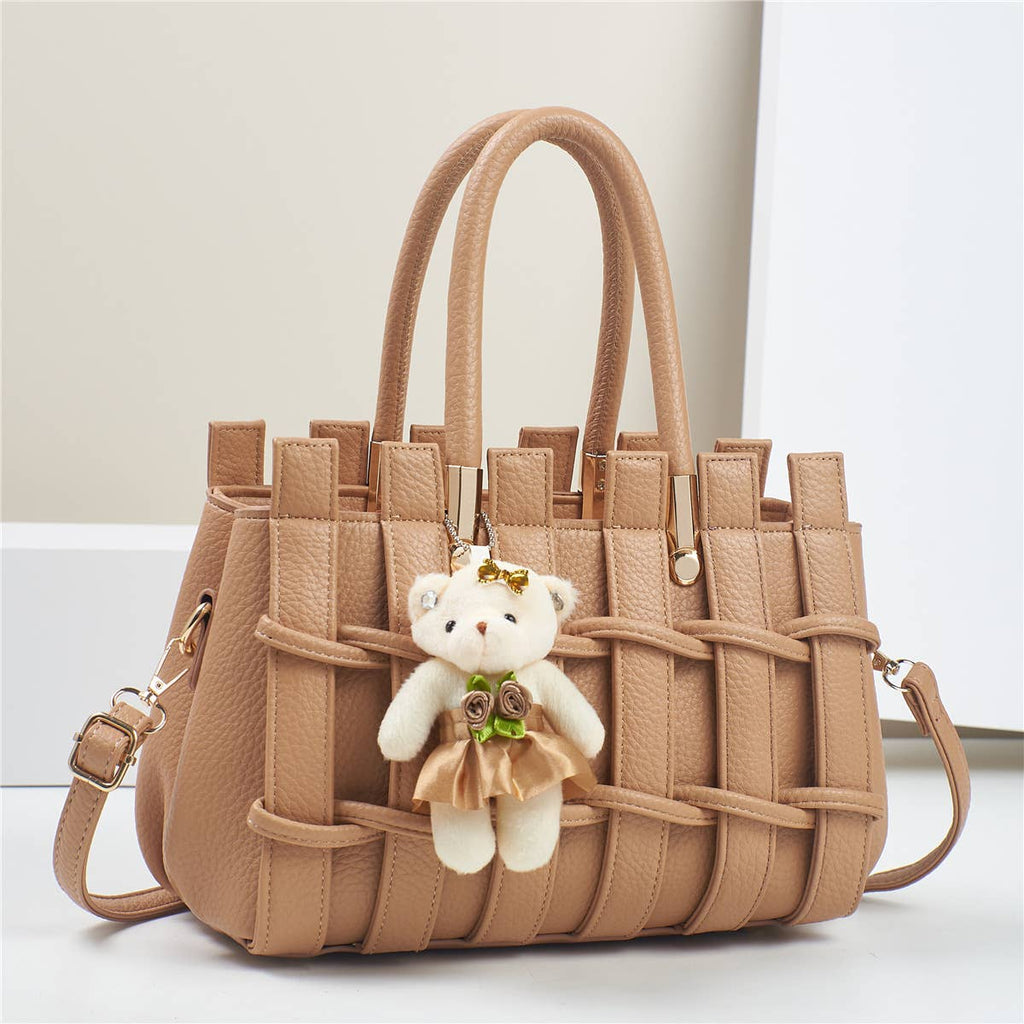 Texture Handbag Tote Crossbody Bag with Bear Charm - GlamLusH Boutique 