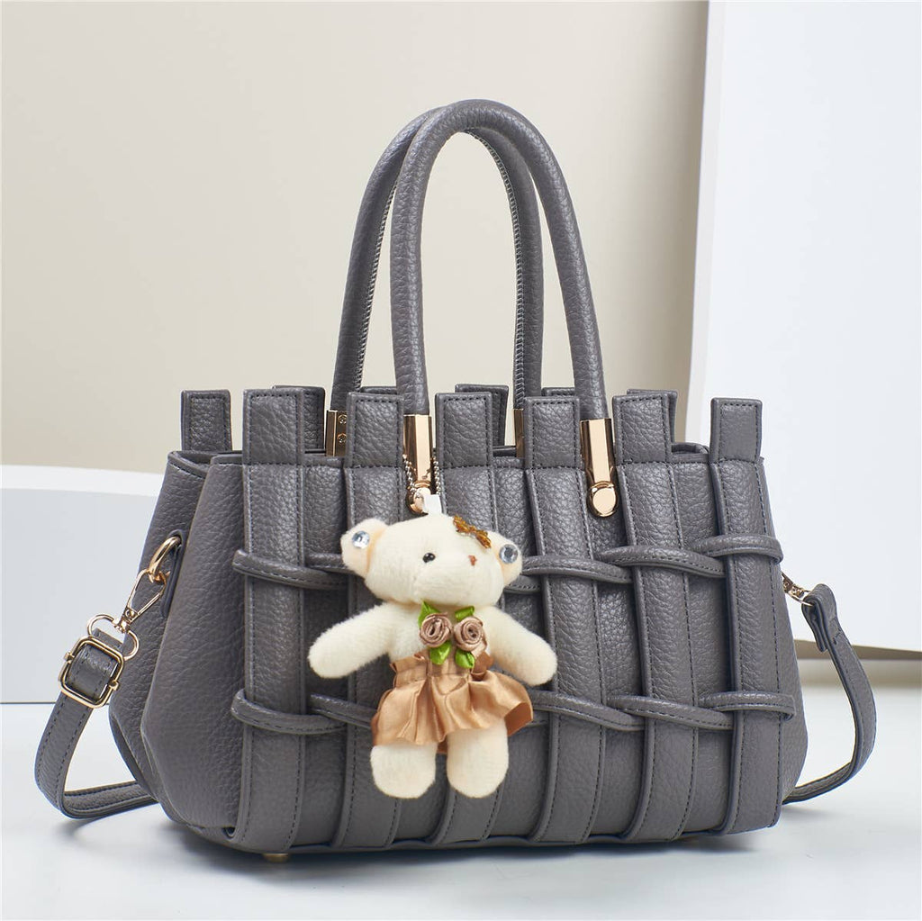 Texture Handbag Tote Crossbody Bag with Bear Charm - GlamLusH Boutique 