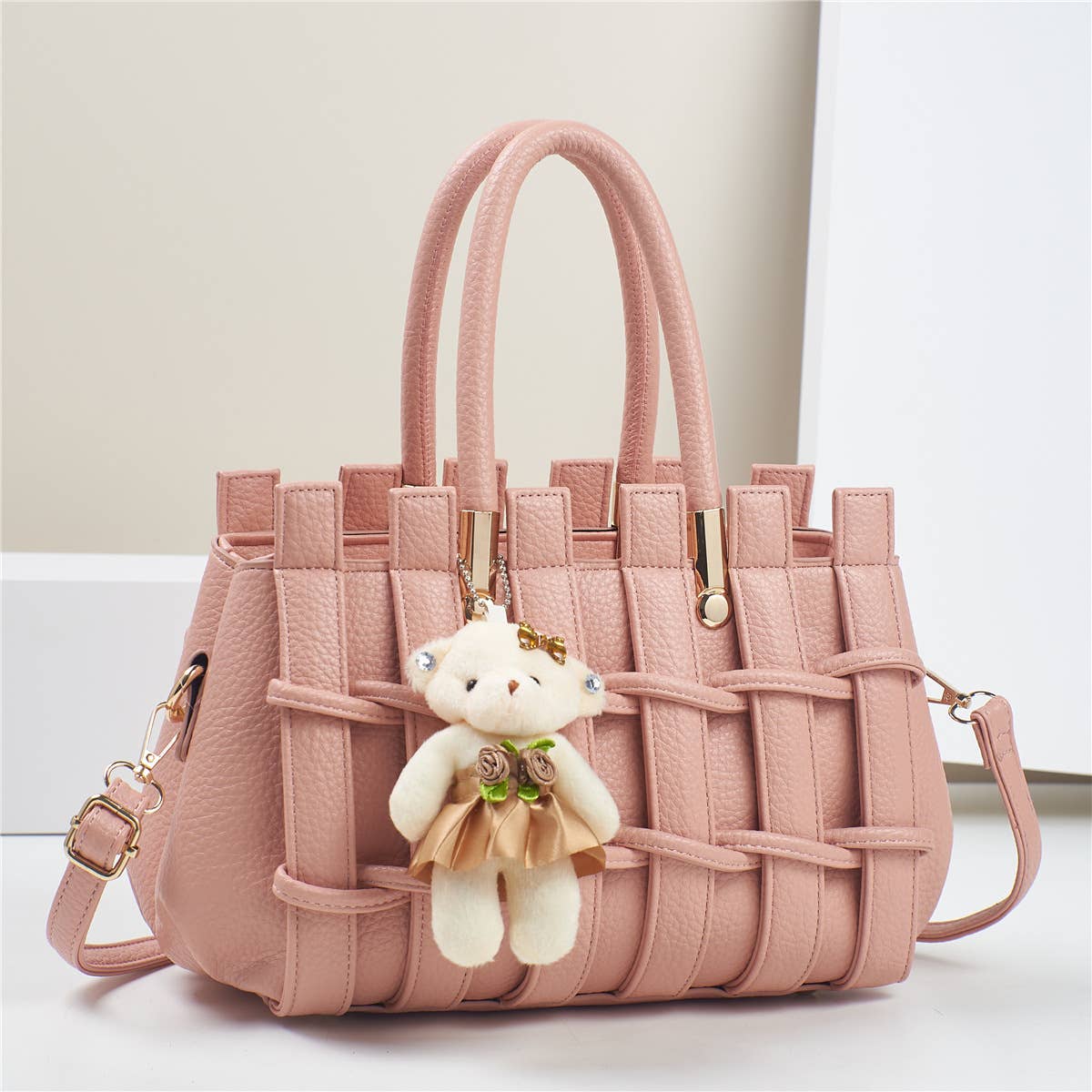 Texture Handbag Tote Crossbody Bag with Bear Charm - GlamLusH Boutique 