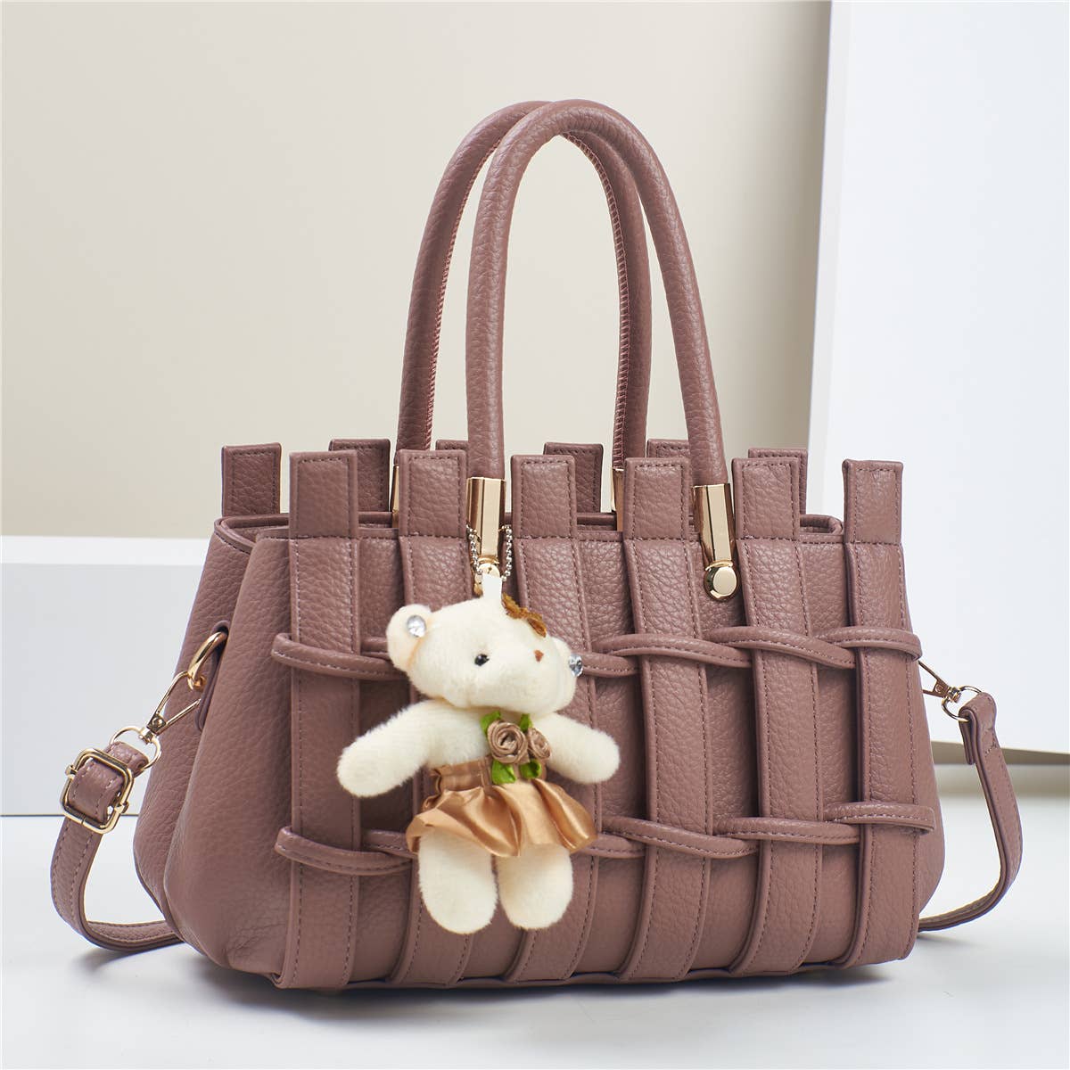 Texture Handbag Tote Crossbody Bag with Bear Charm - GlamLusH Boutique 
