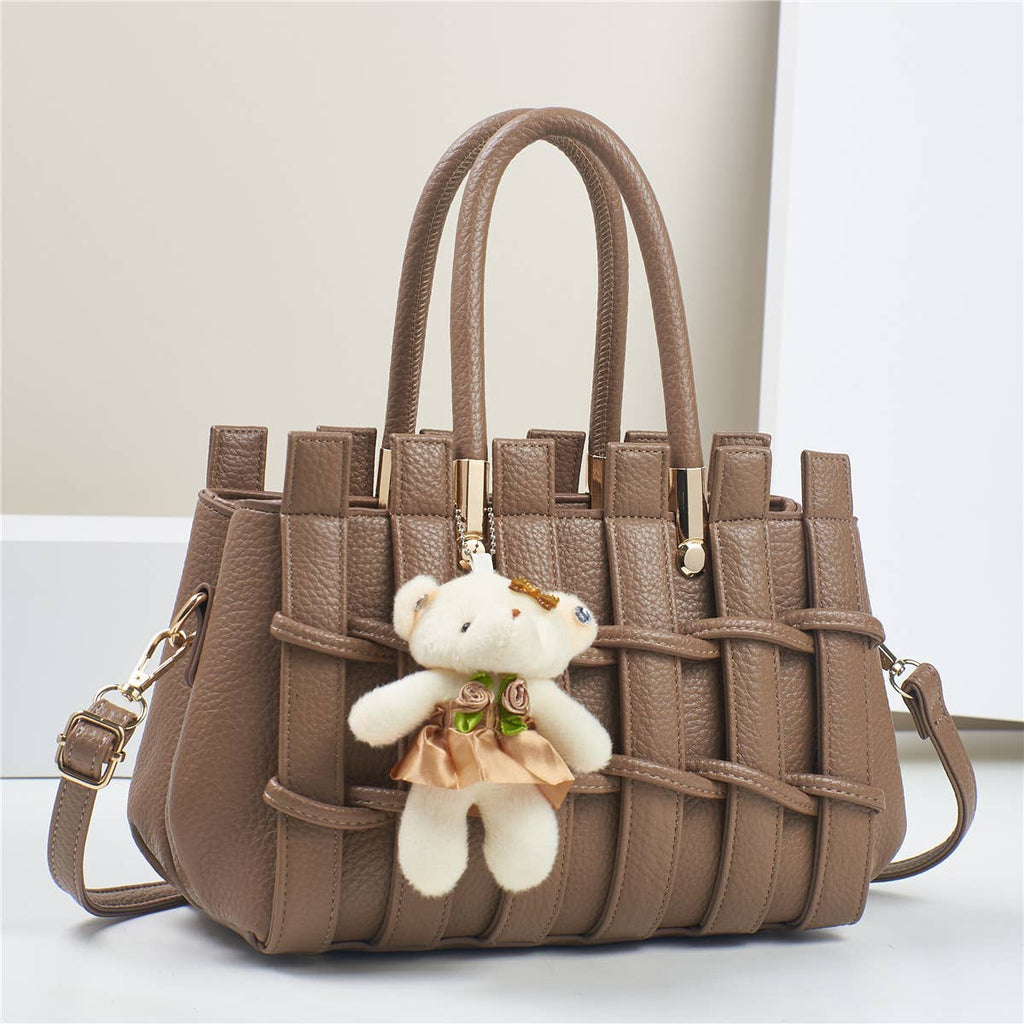 Texture Handbag Tote Crossbody Bag with Bear Charm - GlamLusH Boutique 