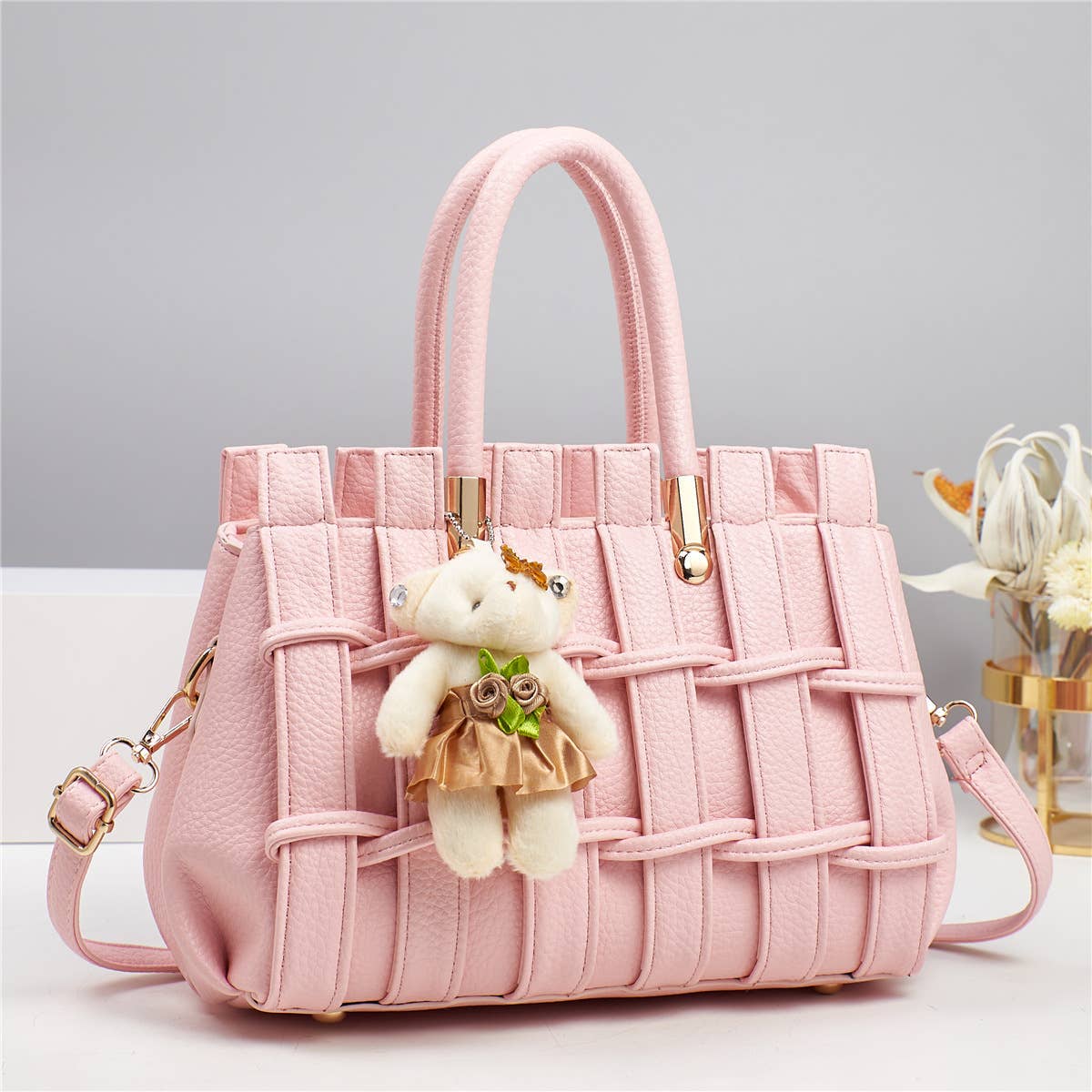 Texture Handbag Tote Crossbody Bag with Bear Charm - GlamLusH Boutique 