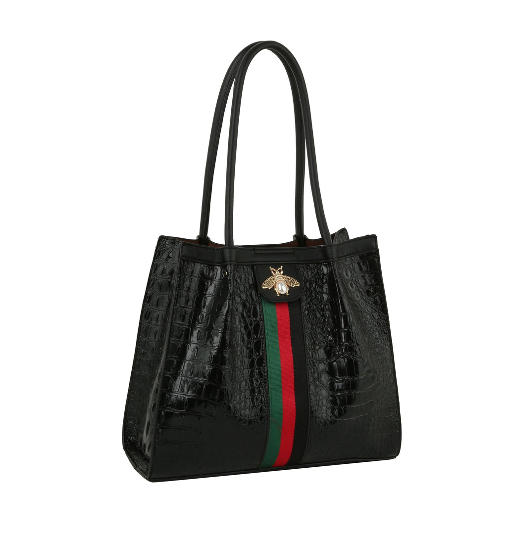 Fashion Croco Bee Stripe detailed Top Satchel Bag - GlamLusH Boutique 