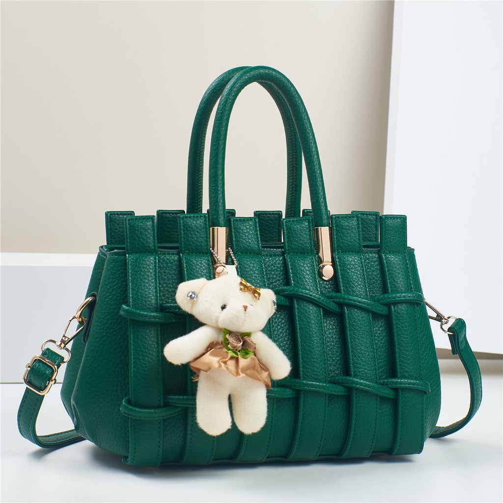 Texture Handbag Tote Crossbody Bag with Bear Charm - GlamLusH Boutique 
