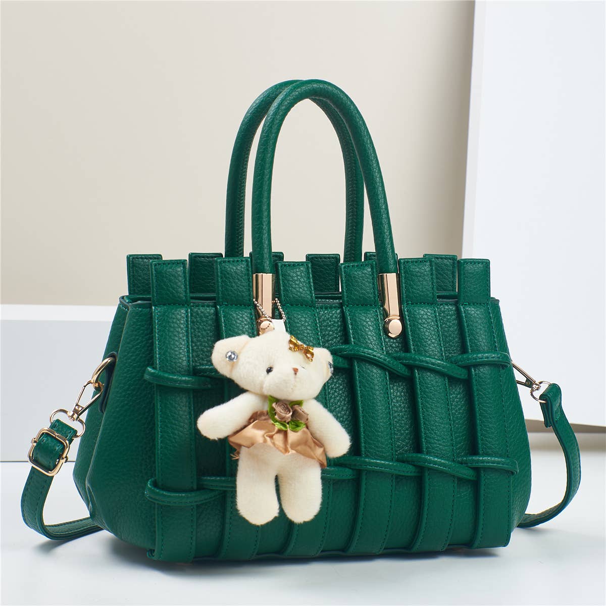 Texture Handbag Tote Crossbody Bag with Bear Charm - GlamLusH Boutique 