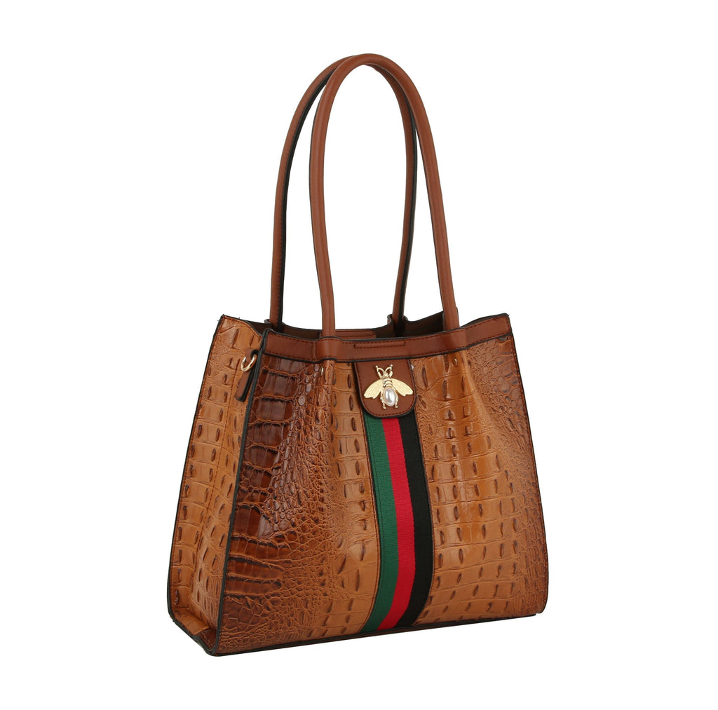 Fashion Croco Bee Stripe detailed Top Satchel Bag - GlamLusH Boutique 