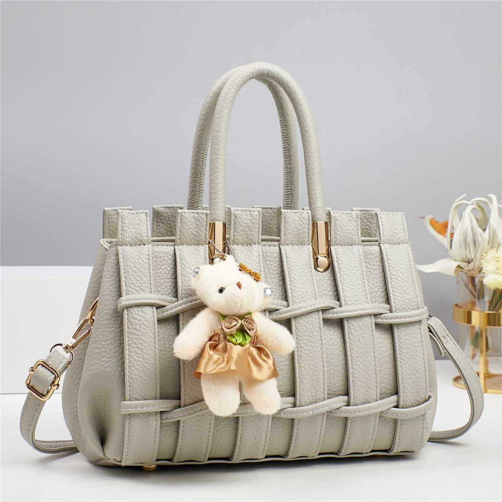 Texture Handbag Tote Crossbody Bag with Bear Charm - GlamLusH Boutique 