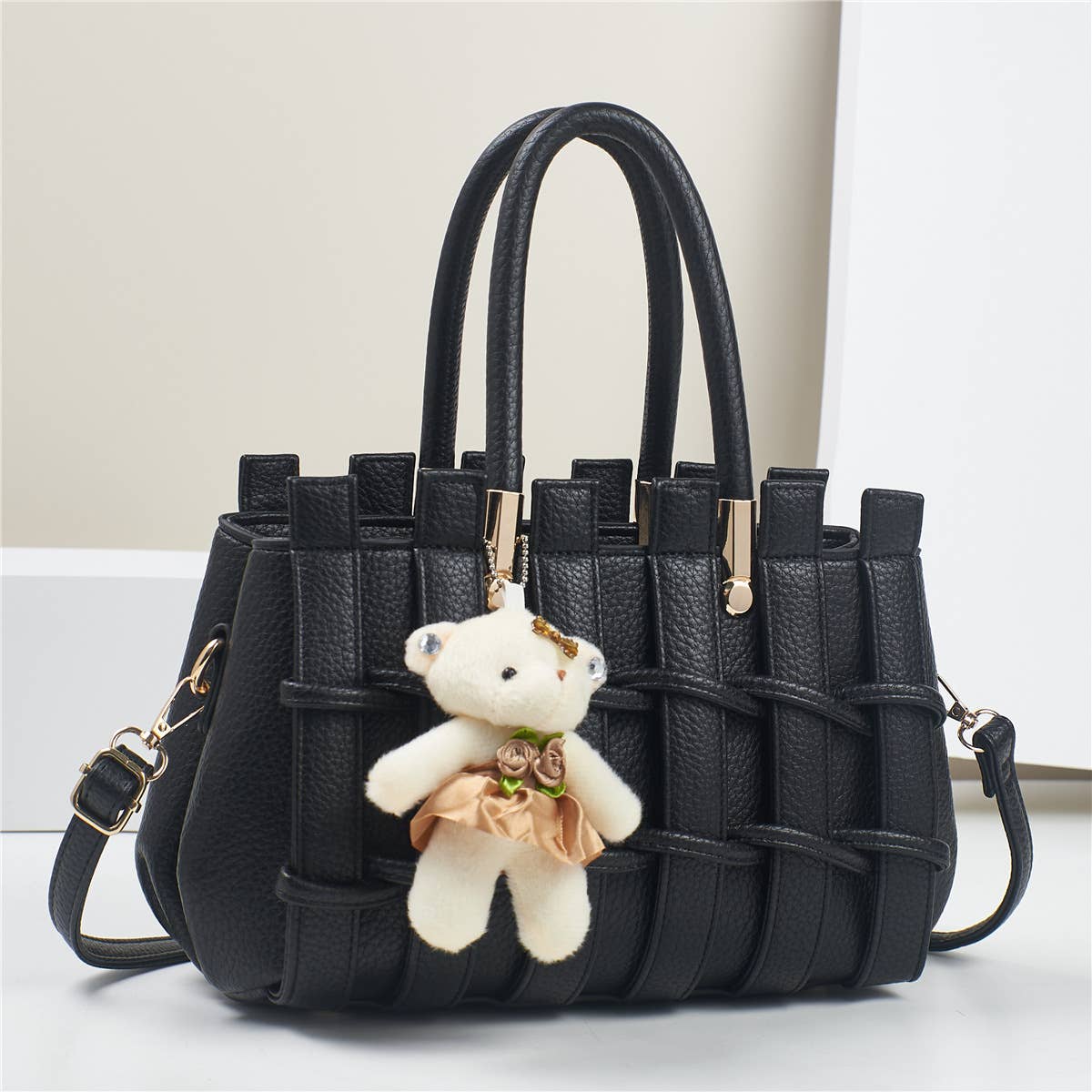 Texture Handbag Tote Crossbody Bag with Bear Charm - GlamLusH Boutique 