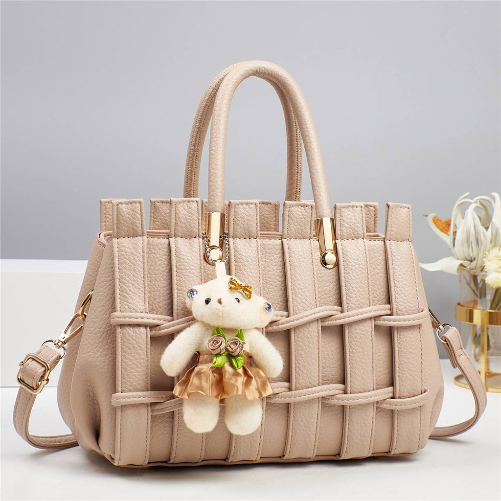 Texture Handbag Tote Crossbody Bag with Bear Charm - GlamLusH Boutique 