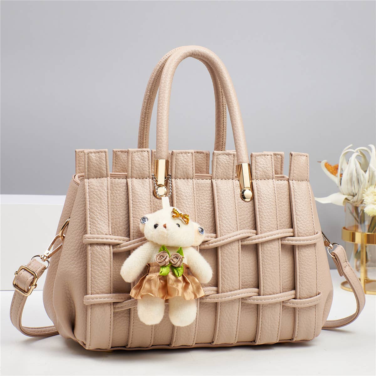 Texture Handbag Tote Crossbody Bag with Bear Charm - GlamLusH Boutique 