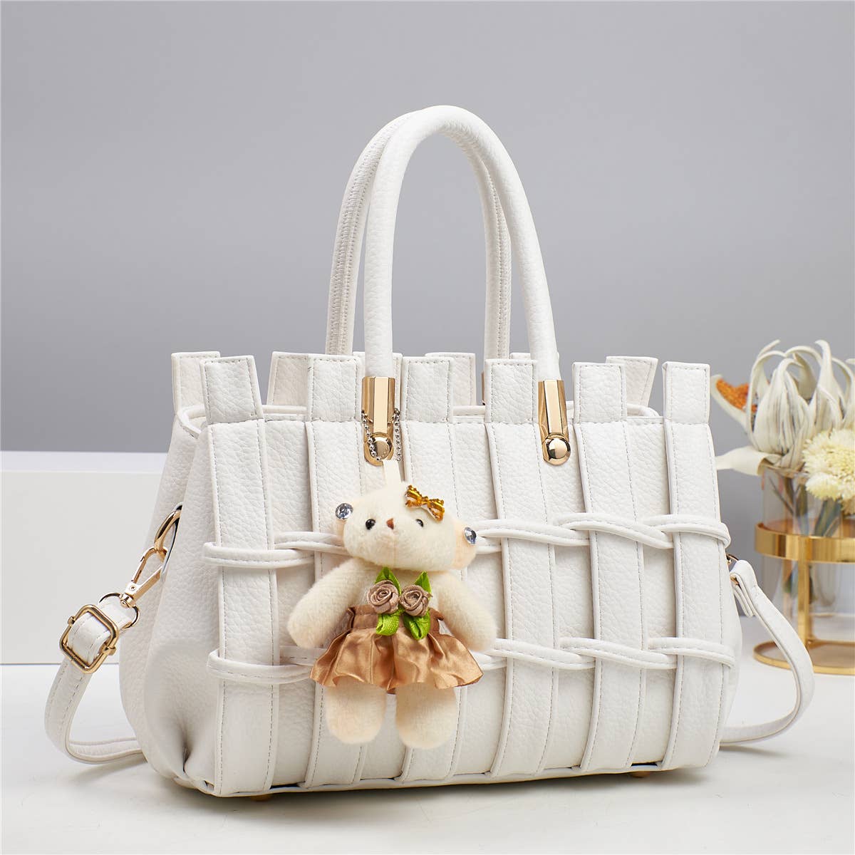 Texture Handbag Tote Crossbody Bag with Bear Charm - GlamLusH Boutique 