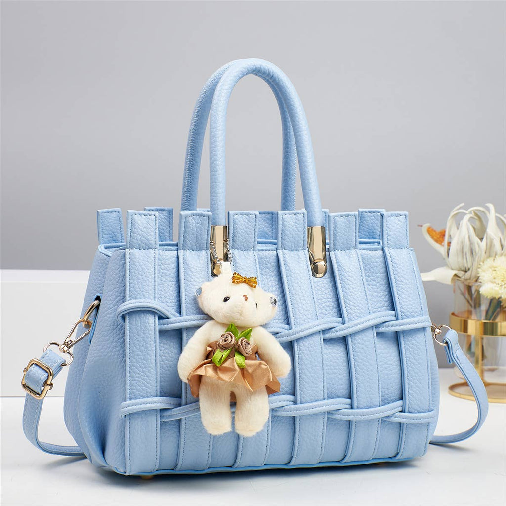 Texture Handbag Tote Crossbody Bag with Bear Charm - GlamLusH Boutique 
